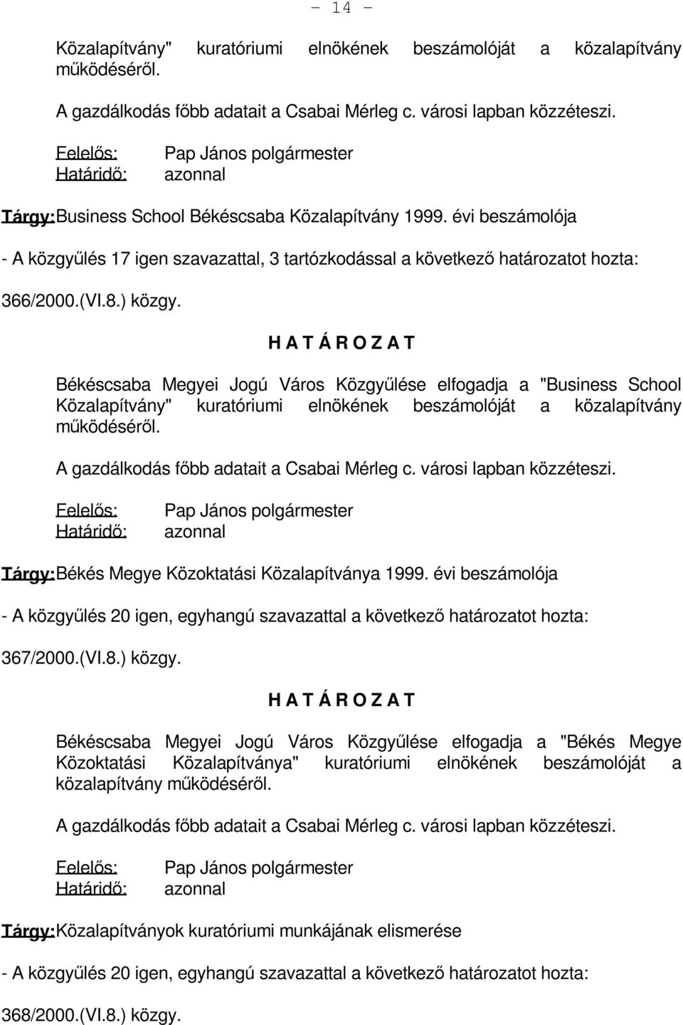 évi beszámolója - A közgyűlés 17 igen szavazattal, 3 tartózkodással a következő határozatot hozta: 366/2000.(VI.8.) közgy.