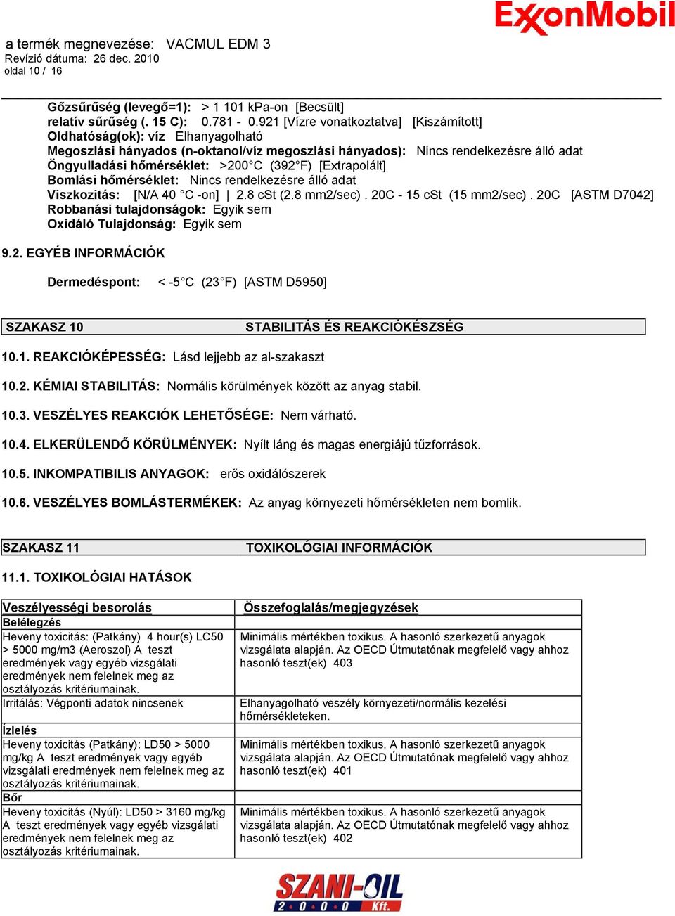 F) [Extrapolált] Bomlási hőmérséklet: Nincs rendelkezésre álló adat Viszkozitás: [N/A 40 C -on] 2.8 cst (2.8 mm2/sec). 20C - 15 cst (15 mm2/sec).