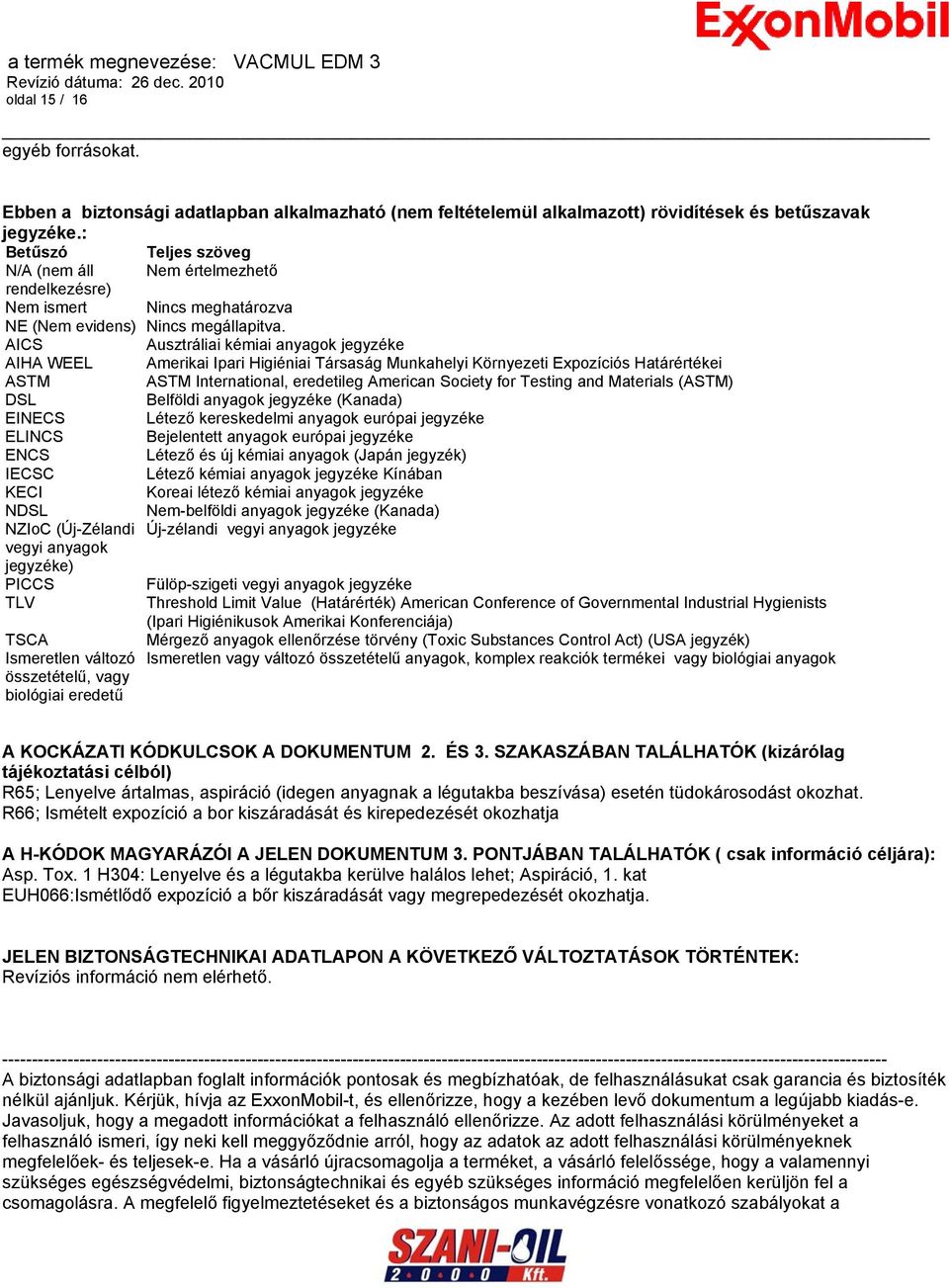 AICS Ausztráliai kémiai anyagok jegyzéke AIHA WEEL Amerikai Ipari Higiéniai Társaság Munkahelyi Környezeti Expozíciós Határértékei ASTM ASTM International, eredetileg American Society for Testing and