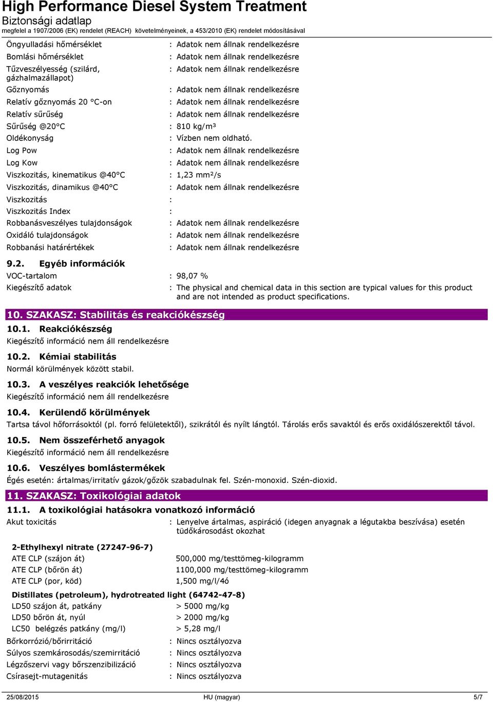 Egyéb információk : 810 kg/m³ : Vízben nem oldható. : 1,23 mm²/s VOC-tartalom : 98,07 % Kiegészítő adatok 10. SZAKASZ: Stabilitás és reakciókészség 10.1. Reakciókészség 10.2. Kémiai stabilitás Normál körülmények között stabil.