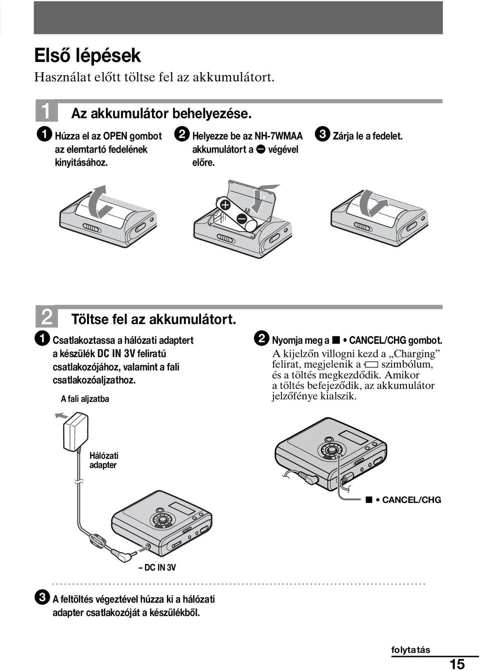 1 Csatlakoztassa a hálózati adaptert a készülék DC IN 3V feliratú csatlakozójához, valamint a fali csatlakozóaljzathoz. A fali aljzatba 2 Nyomja meg a x CANCEL/CHG gombot.