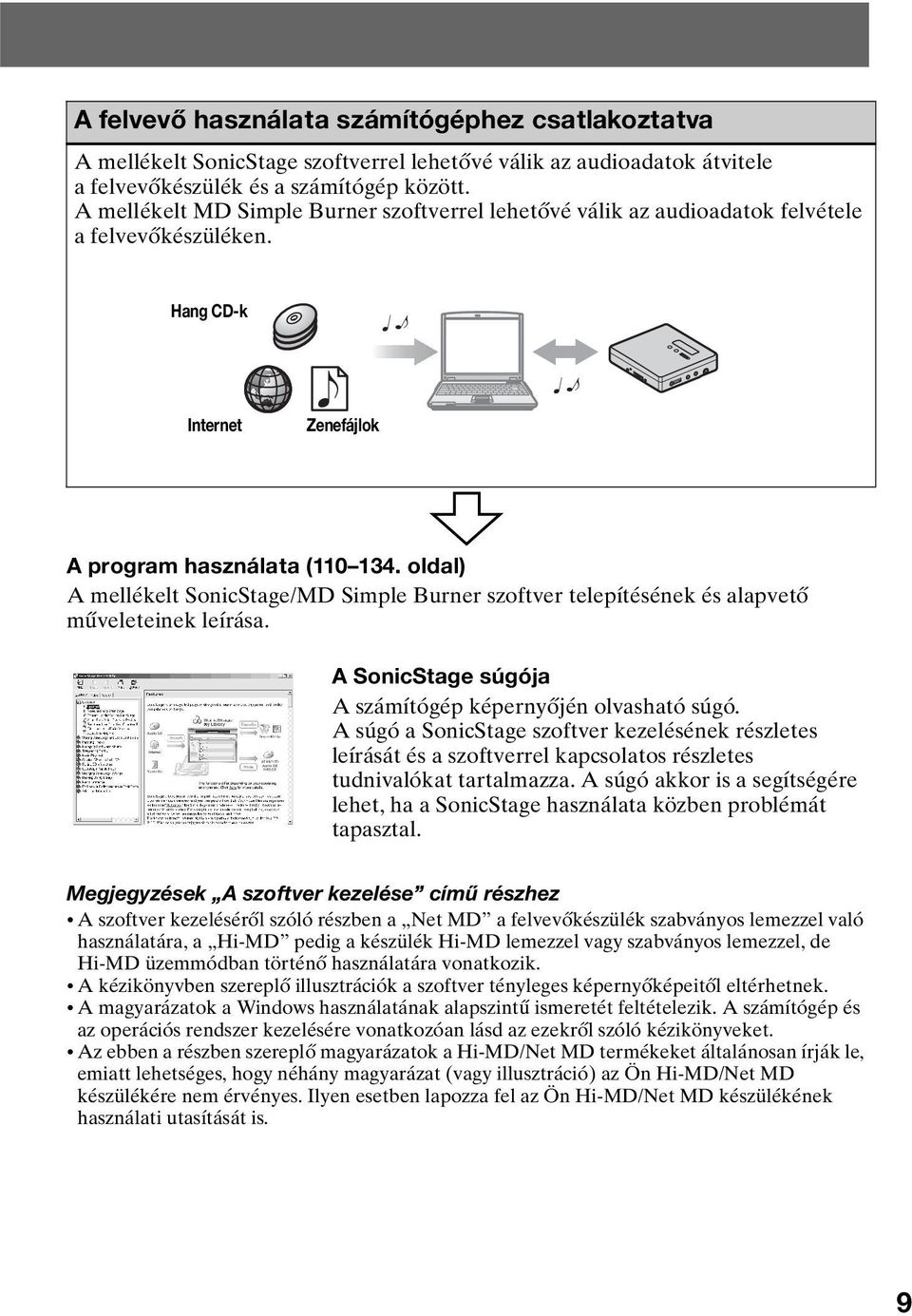 oldal) A mellékelt SonicStage/MD Simple Burner szoftver telepítésének és alapvető műveleteinek leírása. A SonicStage súgója A számítógép képernyőjén olvasható súgó.