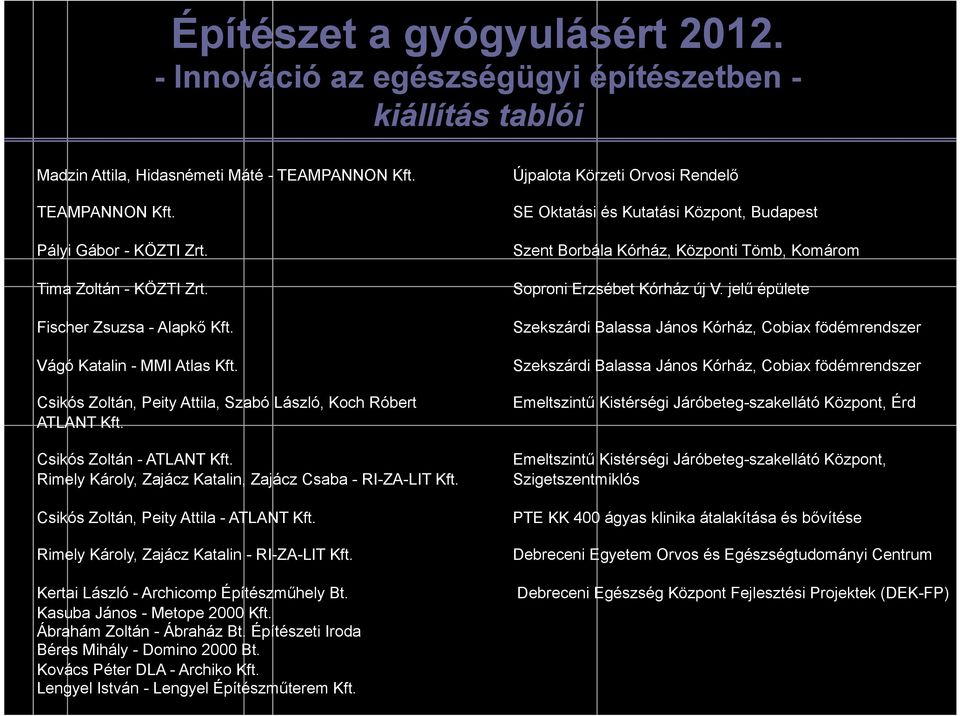 jelű épülete Fischer Zsuzsa - Alapkő Kft. Szekszárdi Balassa János Kórház, Cobiax födémrendszer Vágó Katalin - MMI Atlas Kft.