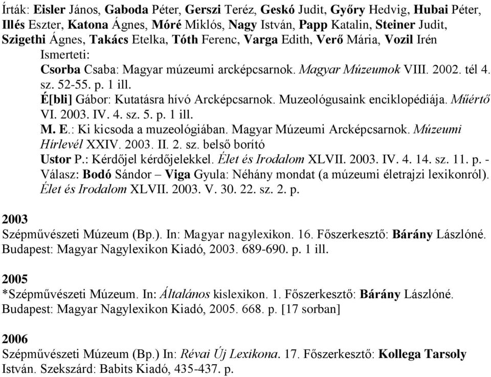 Muzeológusaink enciklopédiája. Műértő VI. 2003. IV. 4. sz. 5. p. 1 ill. M. E.: Ki kicsoda a muzeológiában. Magyar Múzeumi Arcképcsarnok. Múzeumi Hírlevél XXIV. 2003. II. 2. sz. belső borító Ustor P.