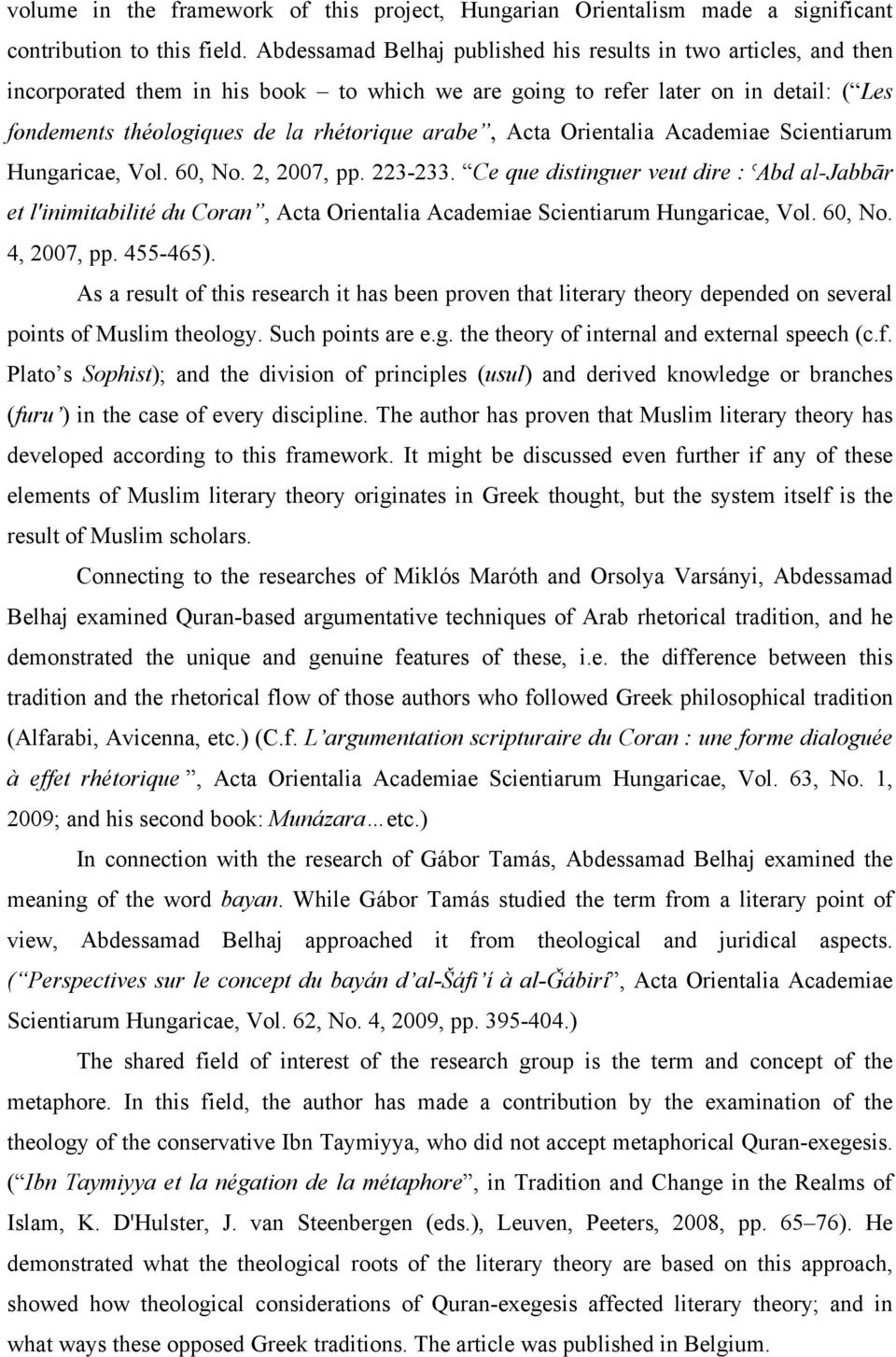 arabe, Acta Orientalia Academiae Scientiarum Hungaricae, Vol. 60, No. 2, 2007, pp. 223-233.