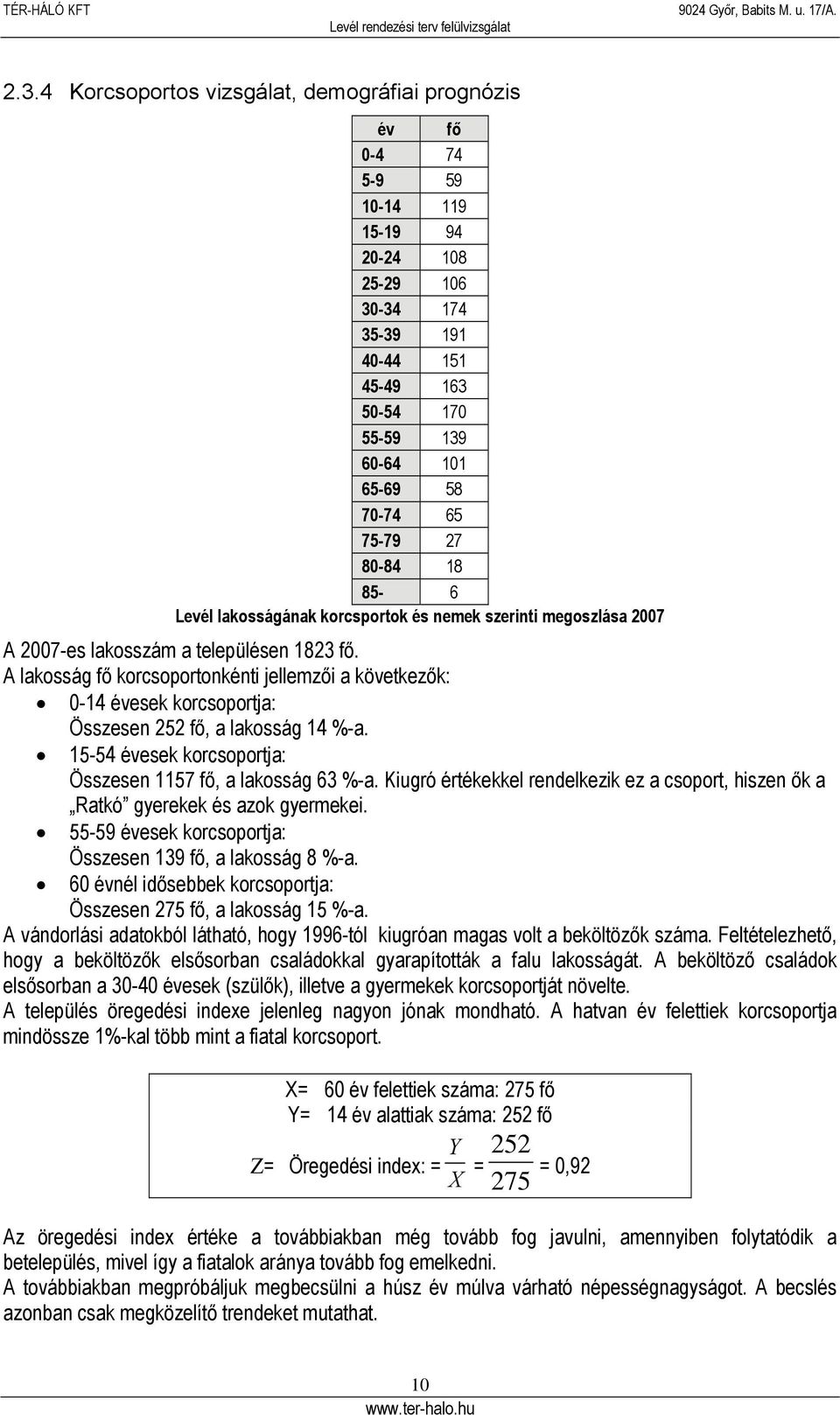 A lakosság fő korcsoportonkénti jellemzői a következők: 0-14 évesek korcsoportja: Összesen 252 fő, a lakosság 14 %-a. 15-54 évesek korcsoportja: Összesen 1157 fő, a lakosság 63 %-a.