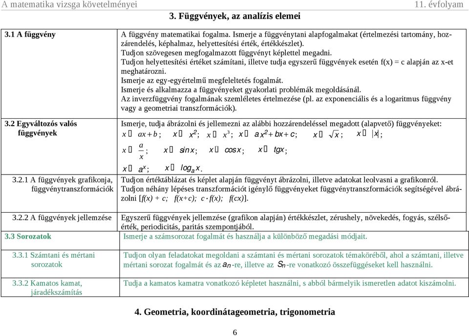 Tudjon helyettesítési értéket számítani, illetve tudja egyszerű függvények esetén f(x) = c alapján az x-et meghatározni. Ismerje az egy-egyértelmű megfeleltetés fogalmát.