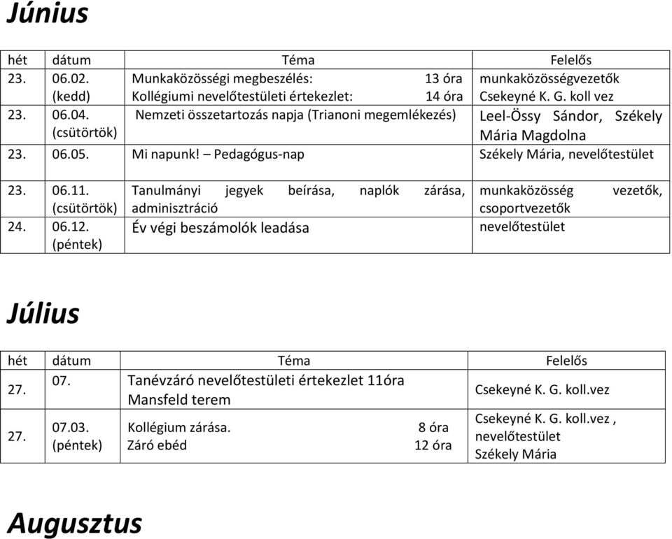 06.11. 24. 06.12. (péntek) Tanulmányi jegyek beírása, naplók zárása, adminisztráció Év végi beszámolók leadása munkaközösség nevelőtestület vezetők, Július 07.