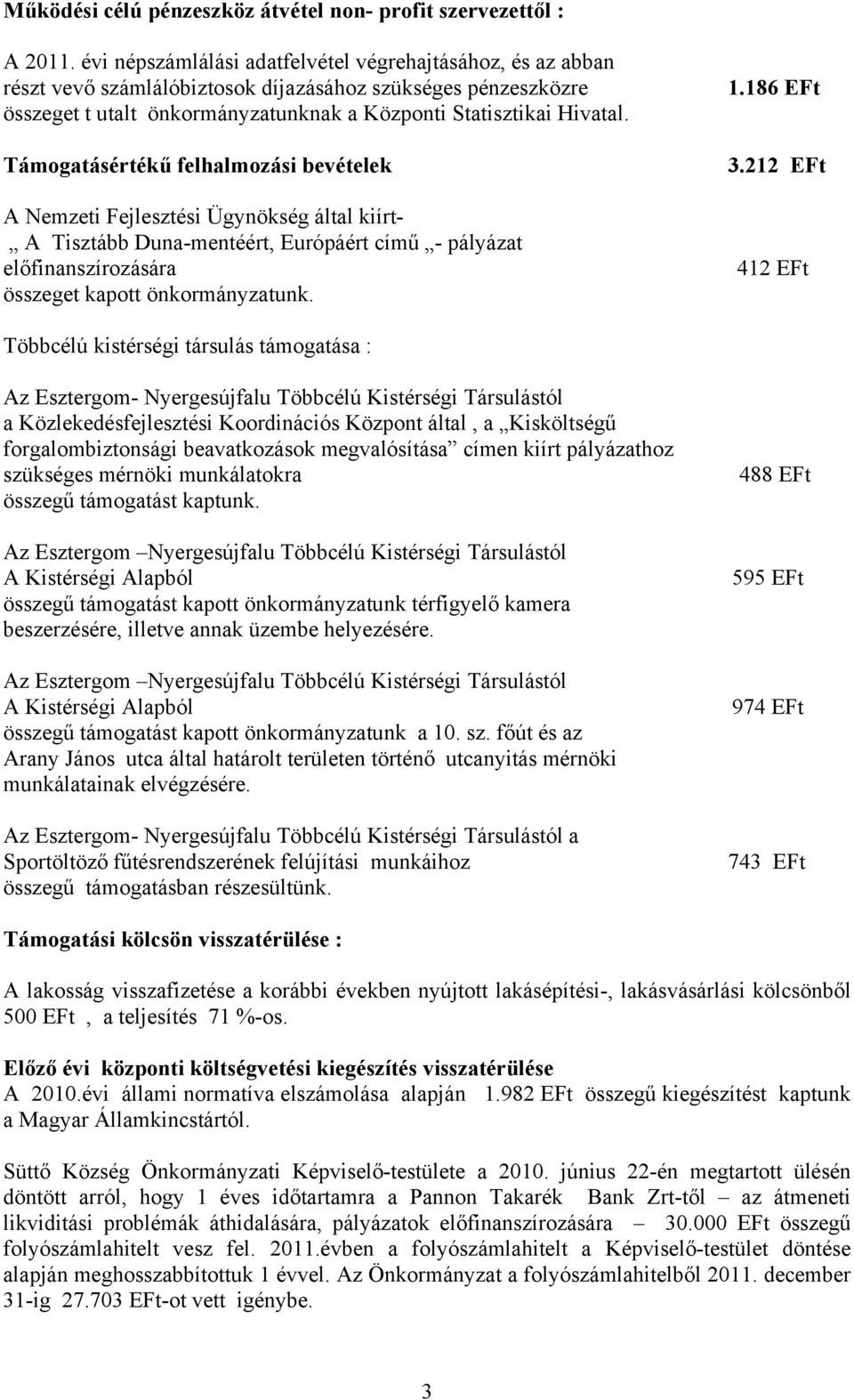 Támogatásértékű felhalmozási bevételek A Nemzeti Fejlesztési Ügynökség által kiírt- A Tisztább Duna-mentéért, Európáért című - pályázat előfinanszírozására összeget kapott önkormányzatunk. 1.