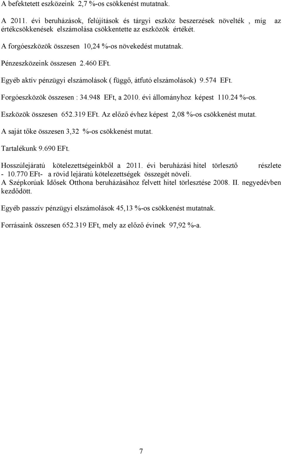 948 EFt, a 2010. évi állományhoz képest 110.24 %-os. Eszközök összesen 652.319 EFt. Az előző évhez képest 2,08 %-os csökkenést mutat. A saját tőke összesen 3,32 %-os csökkenést mutat. Tartalékunk 9.