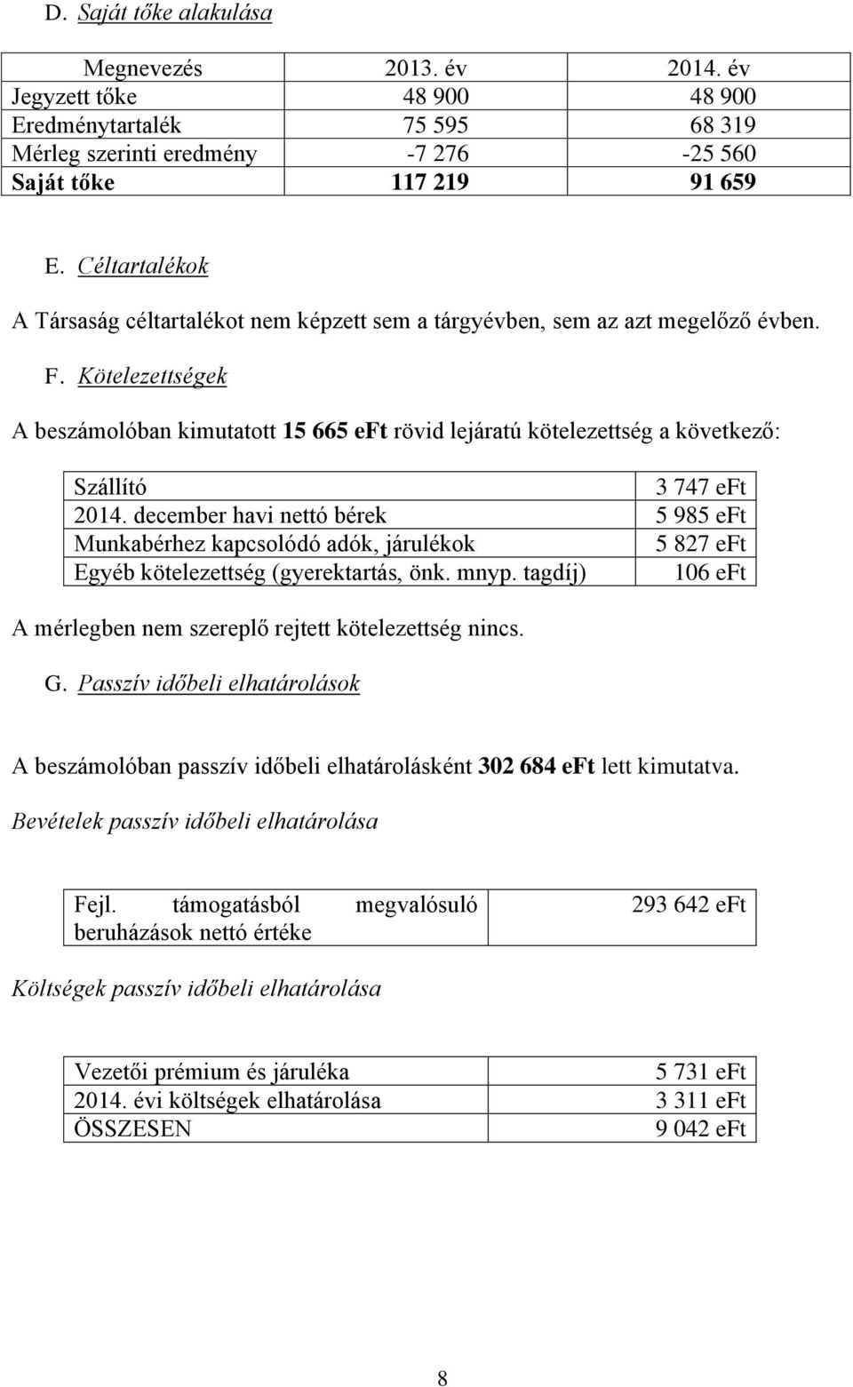 Kötelezettségek A beszámolóban kimutatott 15 665 eft rövid lejáratú kötelezettség a következő: Szállító 3 747 eft 2014.