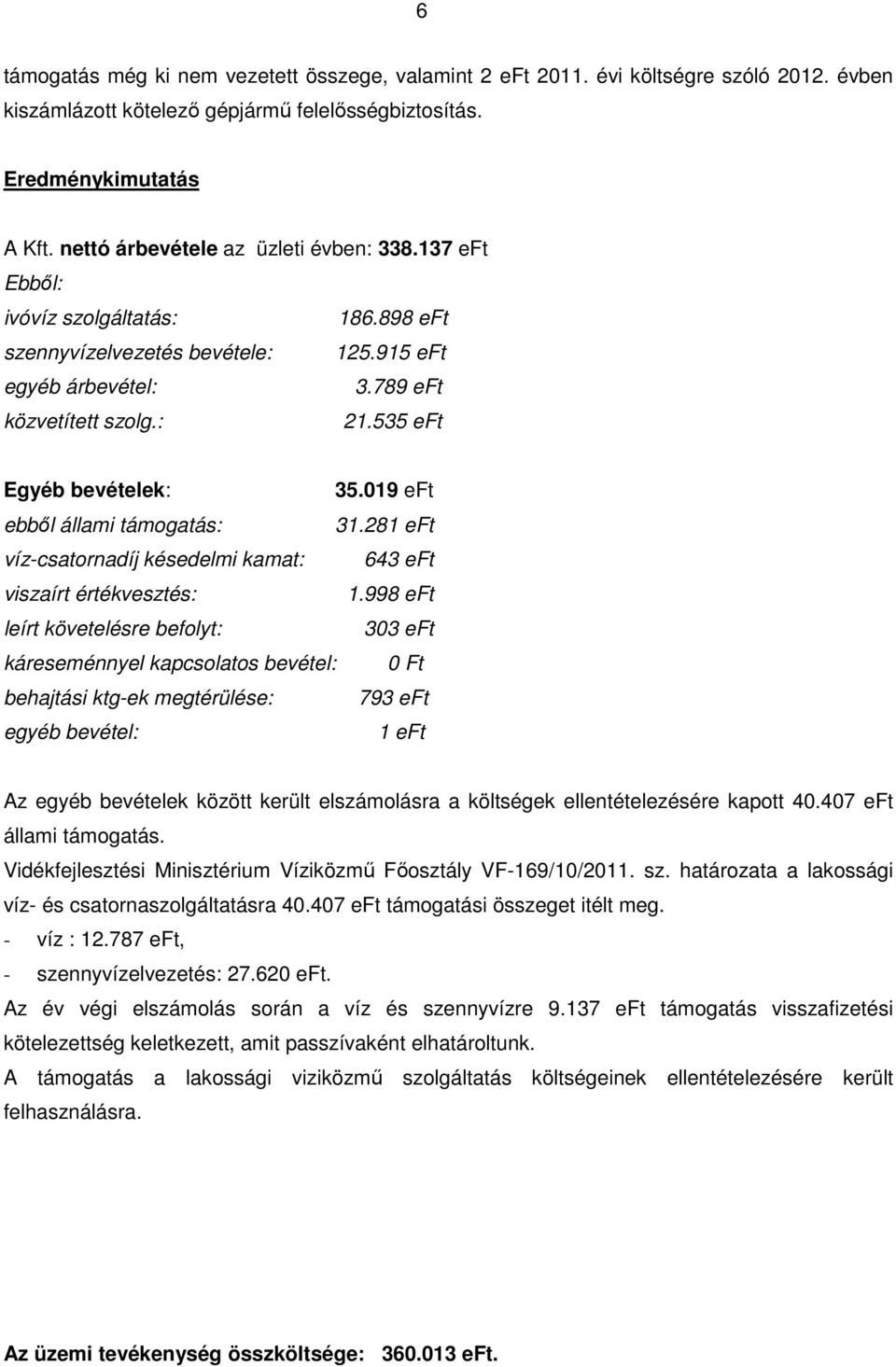 535 eft Egyéb bevételek: 35.019 eft ebből állami támogatás: 31.281 eft víz-csatornadíj késedelmi kamat: 643 eft viszaírt értékvesztés: 1.