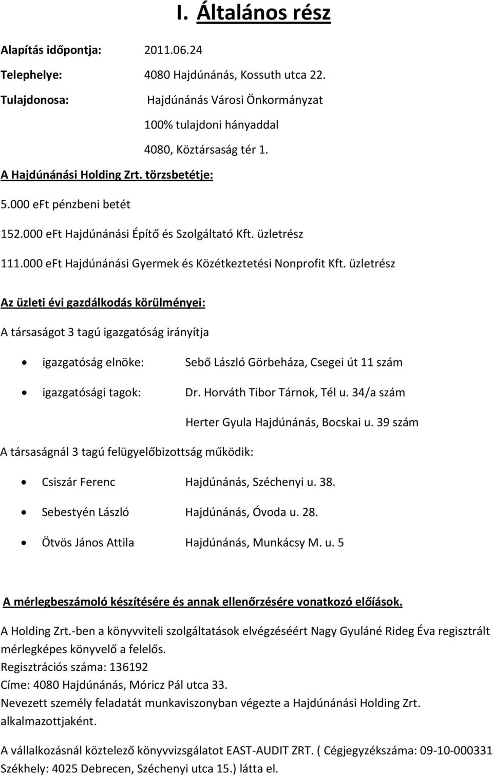 üzletrész Az üzleti évi gazdálkodás körülményei: A társaságot 3 tagú igazgatóság irányítja igazgatóság elnöke: Sebő László Görbeháza, Csegei út 11 szám igazgatósági tagok: Dr.