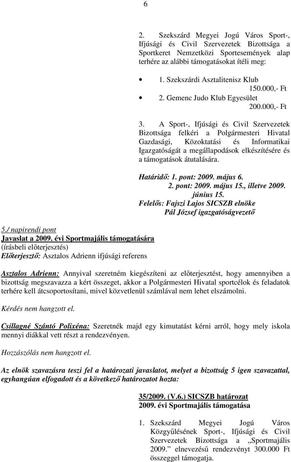 Szekszárdi Asztalitenisz Klub 150.000,- Ft 2. Gemenc Judo Klub Egyesület 200.000,- Ft 3.