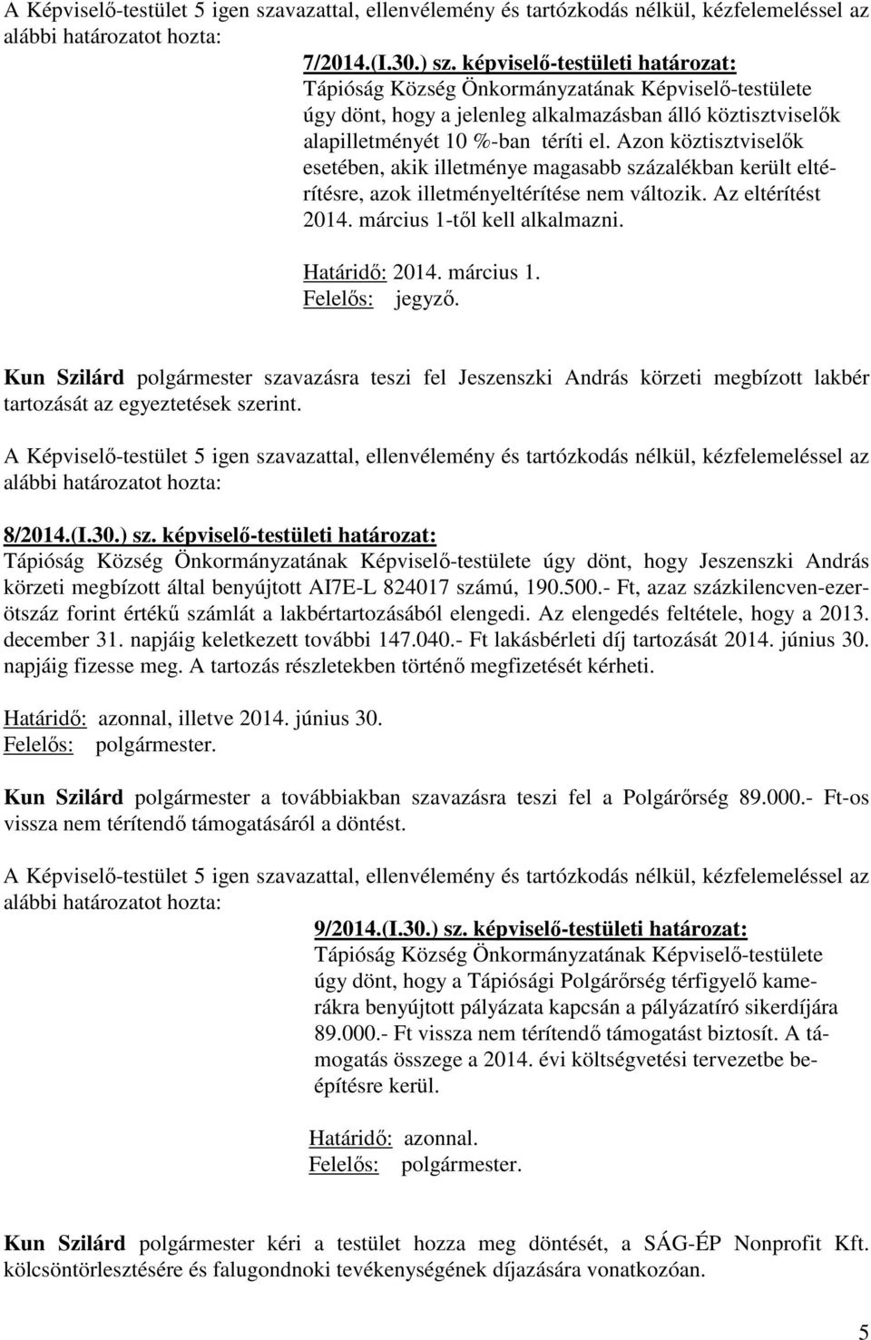 március 1. Felelős: jegyző. Kun Szilárd polgármester szavazásra teszi fel Jeszenszki András körzeti megbízott lakbér tartozását az egyeztetések szerint. 8/2014.(I.30.) sz.