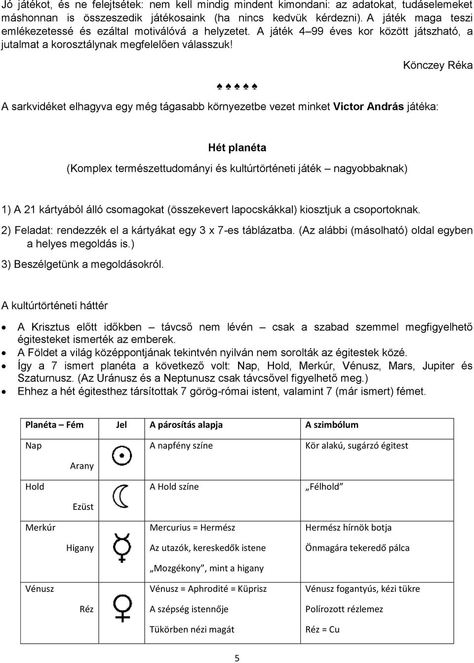 Könczey Réka A sarkvidéket elhagyva egy még tágasabb környezetbe vezet minket Victor András játéka: Hét planéta (Komplex természettudományi és kultúrtörténeti játék nagyobbaknak) 1) A 21 kártyából