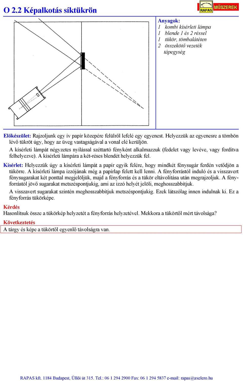 A kísérleti lámpát négyzetes nyílással széttartó fényként alkalmazzuk (fedelet vagy levéve, vagy fordítva felhelyezve). A kísérleti lámpára a két-réses blendét helyezzük fel.