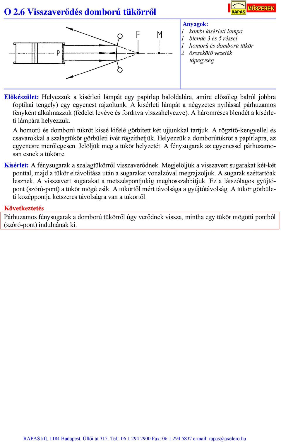 A háromréses blendét a kísérleti lámpára helyezzük. A homorú és domború tükröt kissé kifelé görbített két ujjunkkal tartjuk.