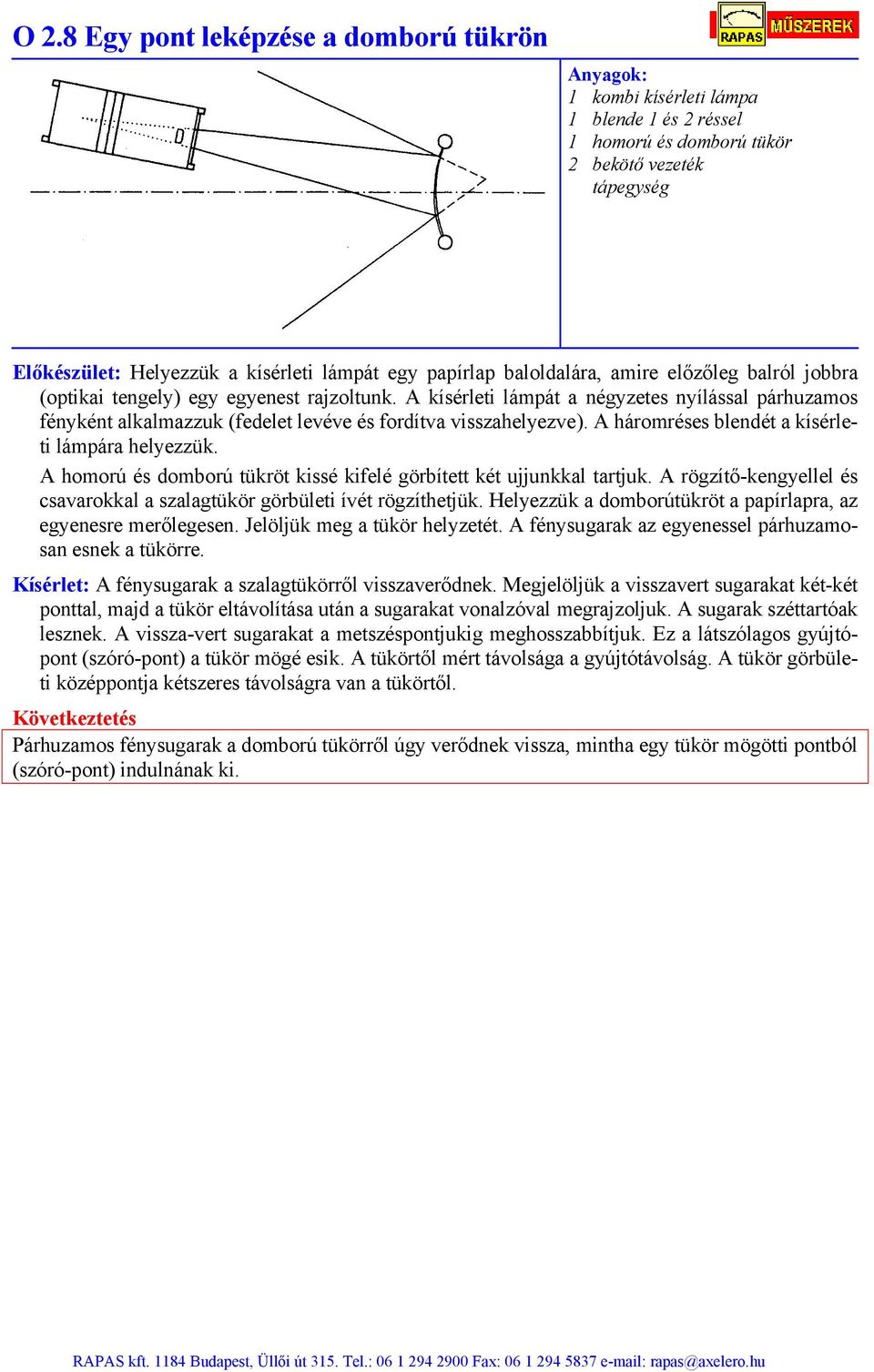 A háromréses blendét a kísérleti lámpára helyezzük. A homorú és domború tükröt kissé kifelé görbített két ujjunkkal tartjuk.