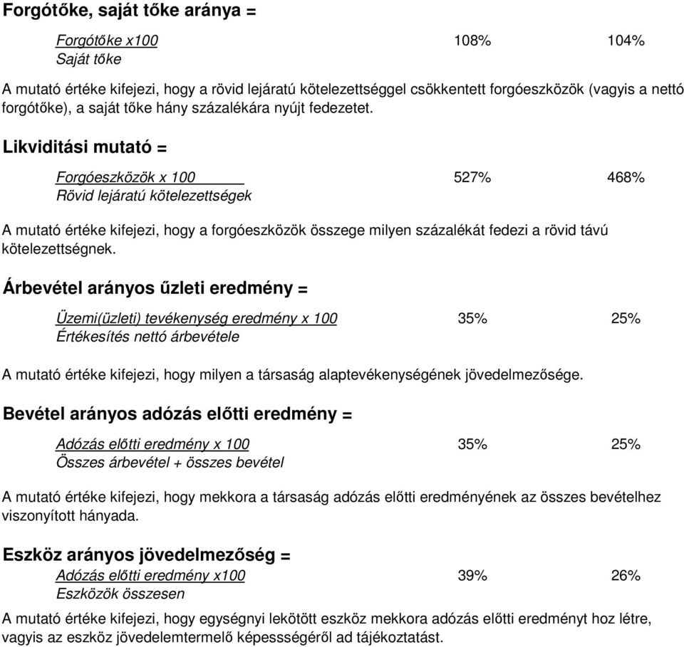 Likviditási mutató = Forgóeszközök x 100 527% 468% Rövid lejáratú kötelezettségek A mutató értéke kifejezi, hogy a forgóeszközök összege milyen százalékát fedezi a rövid távú kötelezettségnek.