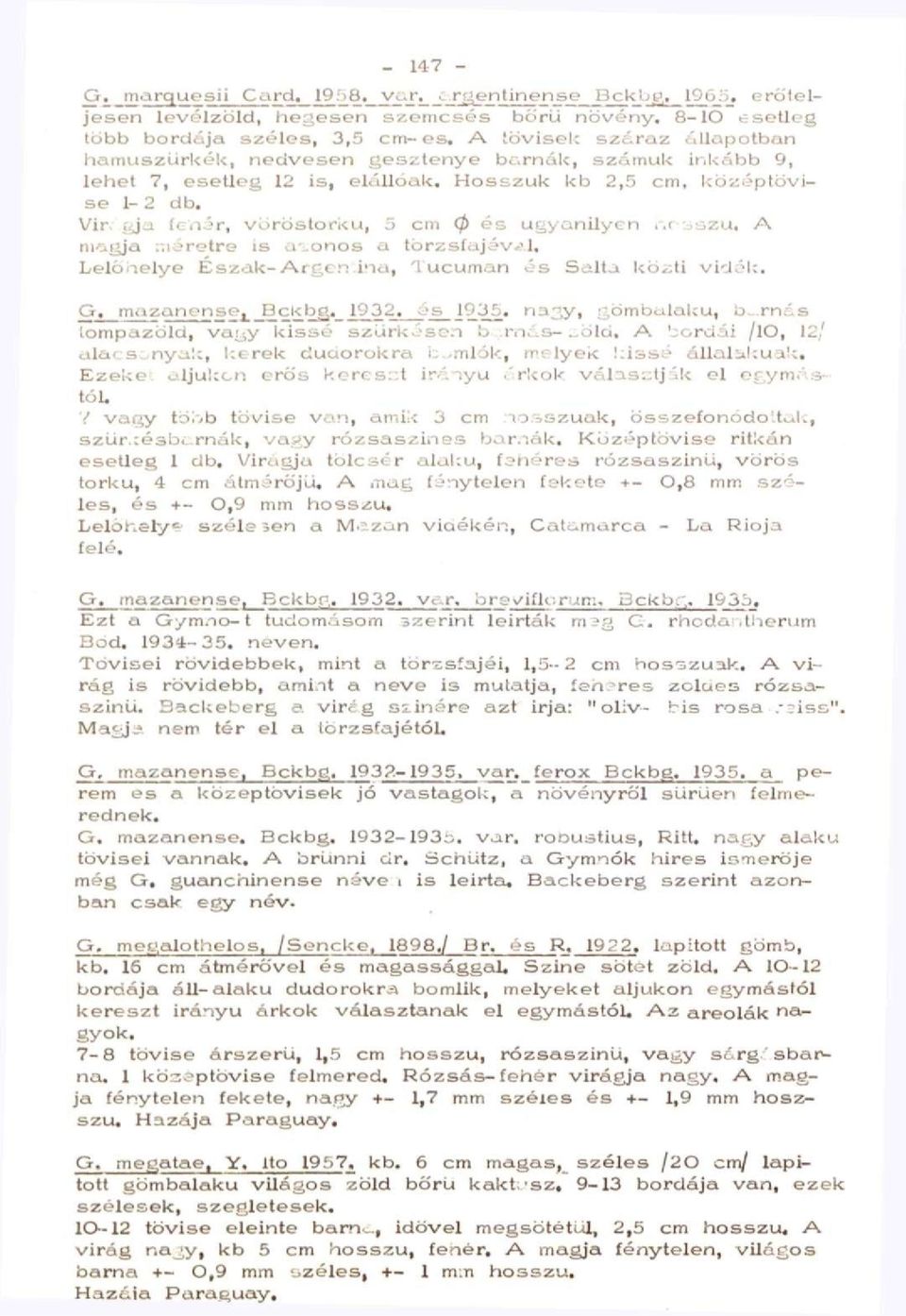 gja fenér, vöröstorku, 5 cm (f> és ugyanilyen,.r : azu. A magja méretre is a-ionos a törzsfajév<?l. Lelőhelye Észak-Argcn.ina, 1 ucuman és Salta közti vidék, G. mazane'nse. Bckbg. 1932. és 1935.