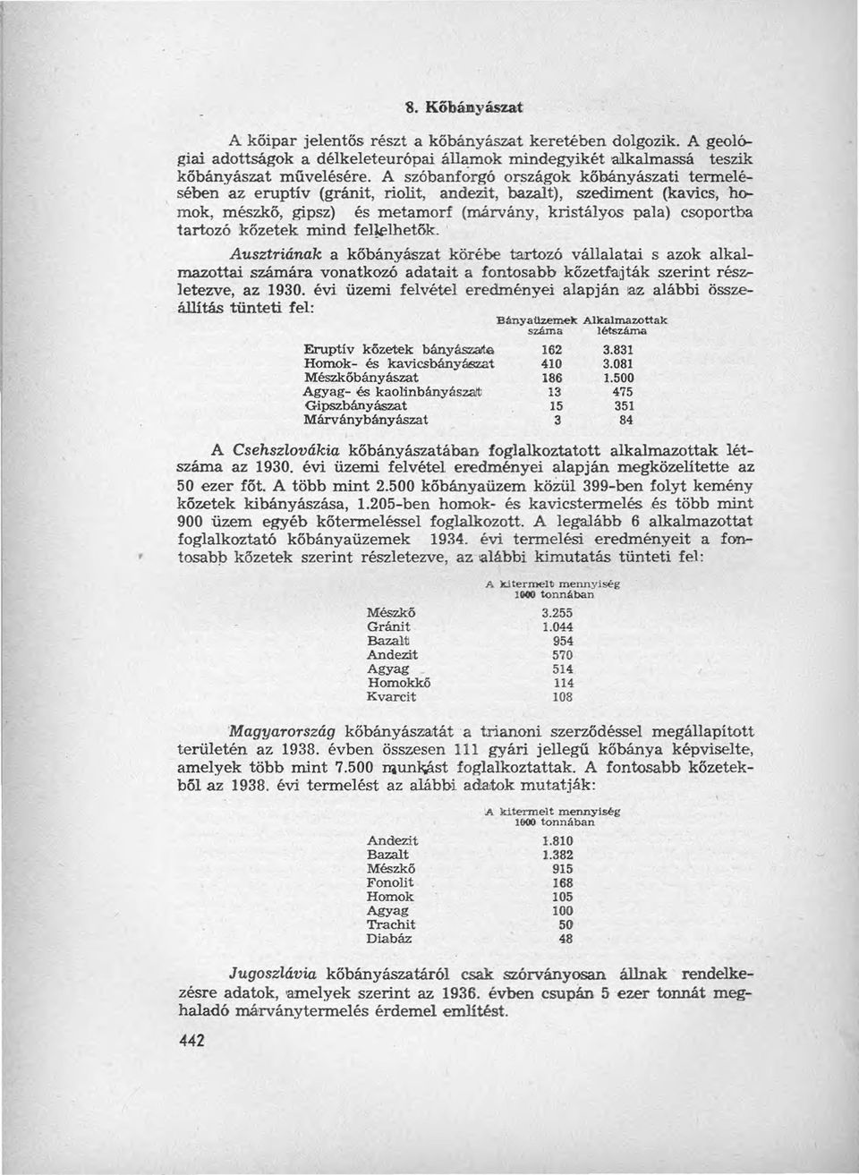 kőzetek mind fellelhetők. '. Au.sztriának a kőbányászat körébe tartozó vállalatai s azok alkal-. mazottai számára vonatkozó adatait a fontosabb kőzetfajták szerint részletezve, az 1930.