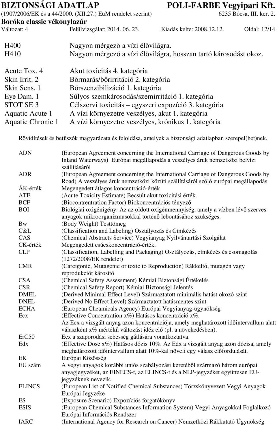 kategória Bőrszenzibilizáció 1. kategória Súlyos szemkárosodás/szemirritáció 1. kategória Célszervi toxicitás egyszeri expozíció 3. kategória A vízi környezetre veszélyes, akut 1.