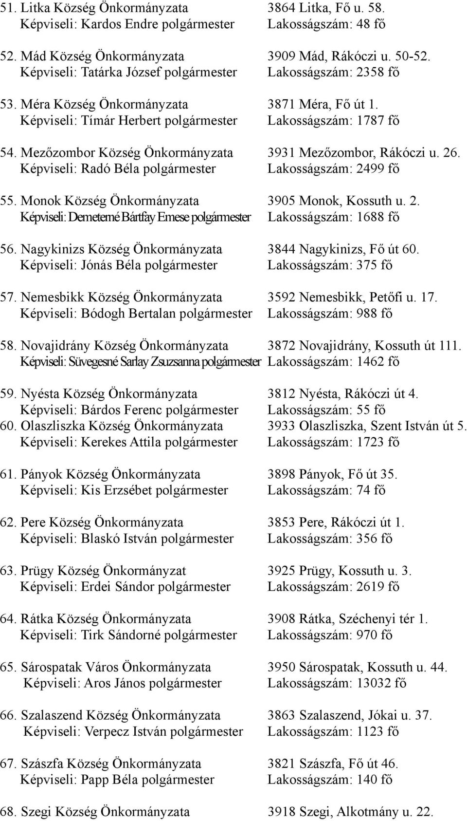 Mezőzombor Község Önkormányzata 3931 Mezőzombor, Rákóczi u. 26. Képviseli: Radó Béla polgármester Lakosságszám: 2499 fő 55. Monok Község Önkormányzata 3905 Monok, Kossuth u. 2. Képviseli: Demeterné Bártfay Emese polgármester Lakosságszám: 1688 fő 56.