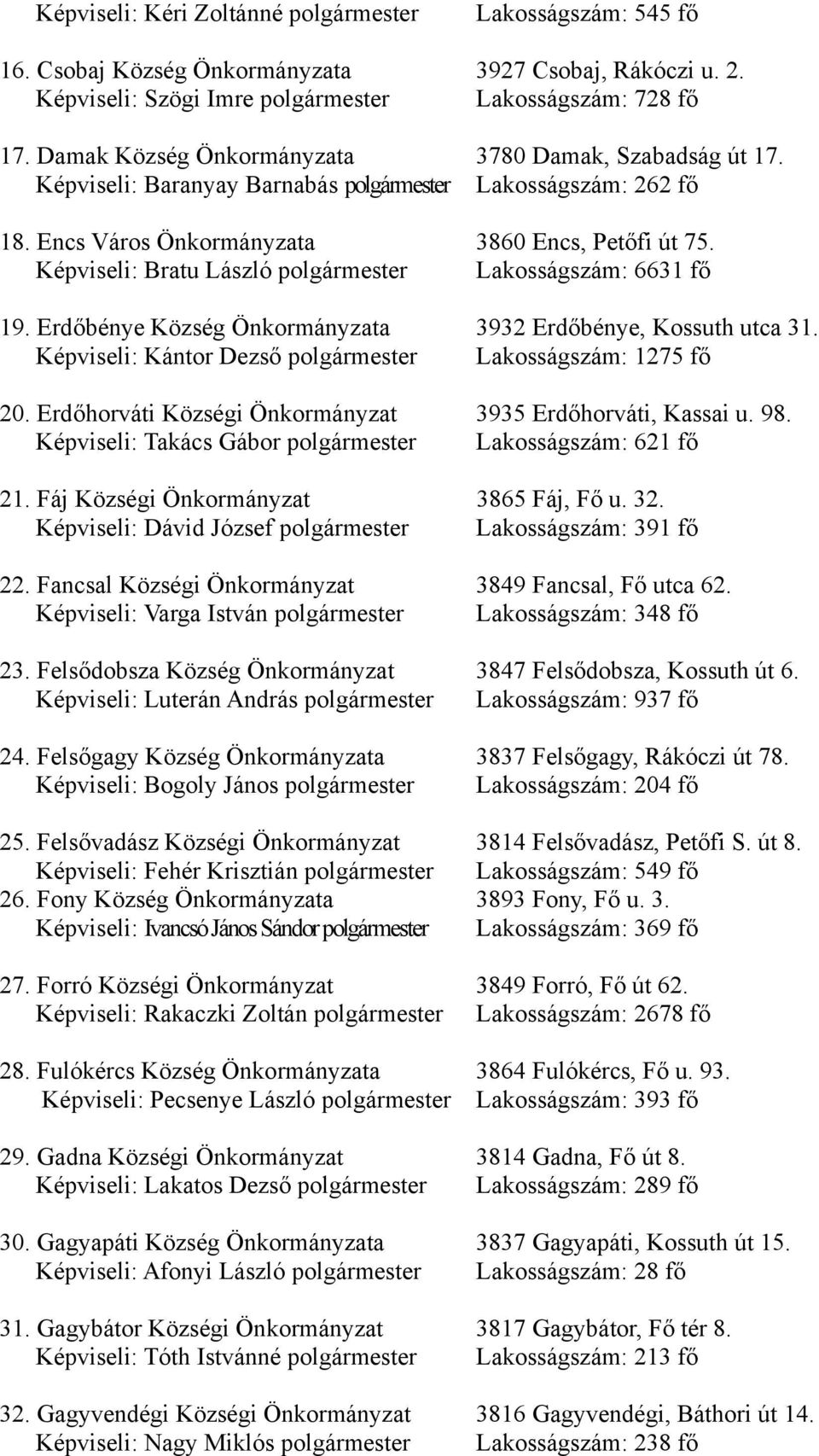 Képviseli: Bratu László polgármester Lakosságszám: 6631 fő 19. Erdőbénye Község Önkormányzata 3932 Erdőbénye, Kossuth utca 31. Képviseli: Kántor Dezső polgármester Lakosságszám: 1275 fő 20.