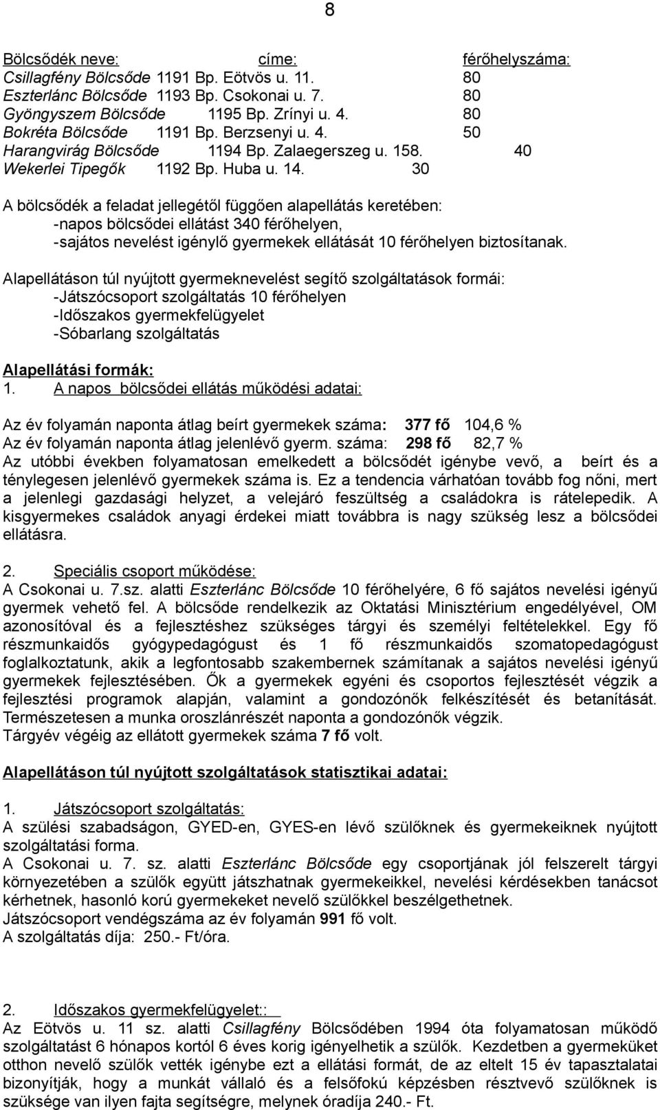 30 A bölcsődék a feladat jellegétől függően alapellátás keretében: -napos bölcsődei ellátást 340 férőhelyen, -sajátos nevelést igénylő gyermekek ellátását 10 férőhelyen biztosítanak.