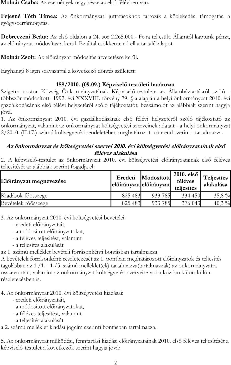 Molnár Zsolt: Az előirányzat módosítás átvezetésre kerül. 188/2010. (09.