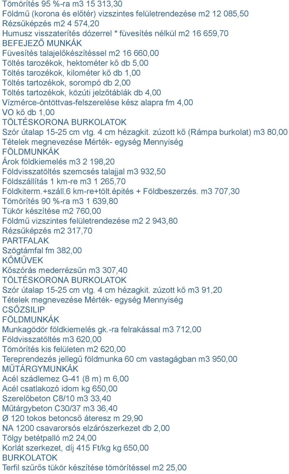 4,00 Vízmérce-öntöttvas-felszerelése kész alapra fm 4,00 VO kő db 1,00 TÖLTÉSKORONA BURKOLATOK Szór útalap 15-25 cm vtg. 4 cm hézagkit.