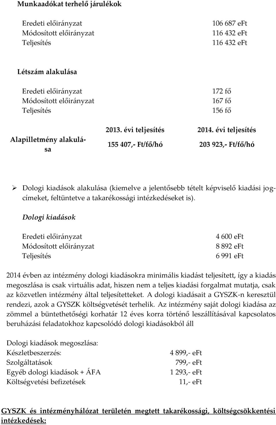 évi teljesítés 155 407,- Ft/fő/hó 203 923,- Ft/fő/hó Dologi kiadások alakulása (kiemelve a jelentősebb tételt képviselő kiadási jogcímeket, feltüntetve a takarékossági intézkedéseket is).