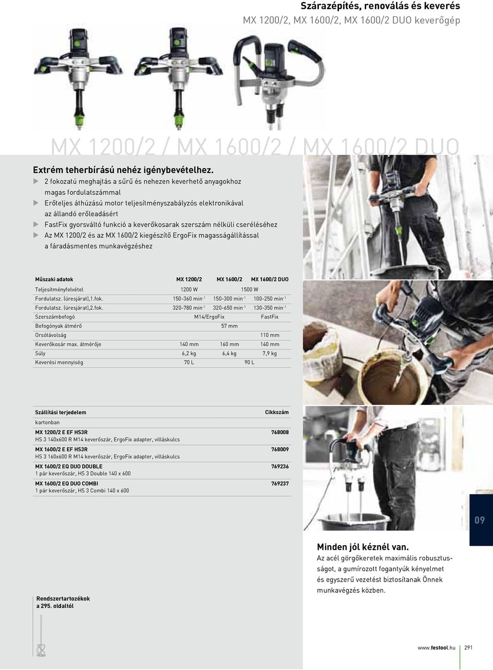 funkció a keverőkosarak szerszám nélküli cseréléséhez u Az MX 1200/2 és az MX 1600/2 kiegészítő ErgoFix magasságállítással a fáradásmentes munkavégzéshez Műszaki adatok MX 1200/2 MX 1600/2 MX 1600/2