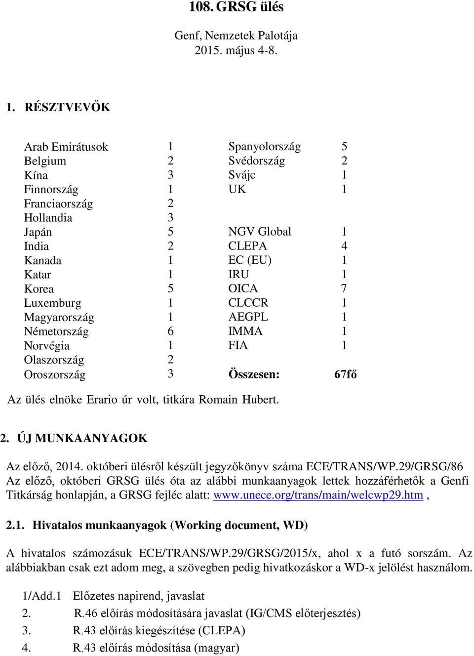Korea 5 OICA 7 Luxemburg 1 CLCCR 1 Magyarország 1 AEGPL 1 Németország 6 IMMA 1 Norvégia 1 FIA 1 Olaszország 2 Oroszország 3 Összesen: 67fő Az ülés elnöke Erario úr volt, titkára Romain Hubert. 2. ÚJ MUNKAANYAGOK Az előző, 2014.