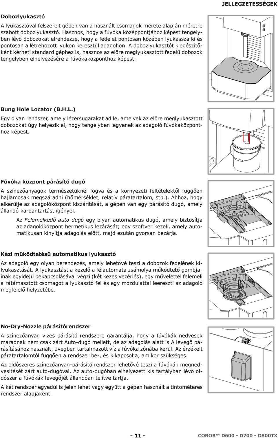 A dobozlyukasztót kiegészítőként kérheti standard géphez is, hasznos az előre meglyukasztott fedelű dobozok tengelyben elhelyezésére a fúvókaközponthoz képest. Bung Hole Lo