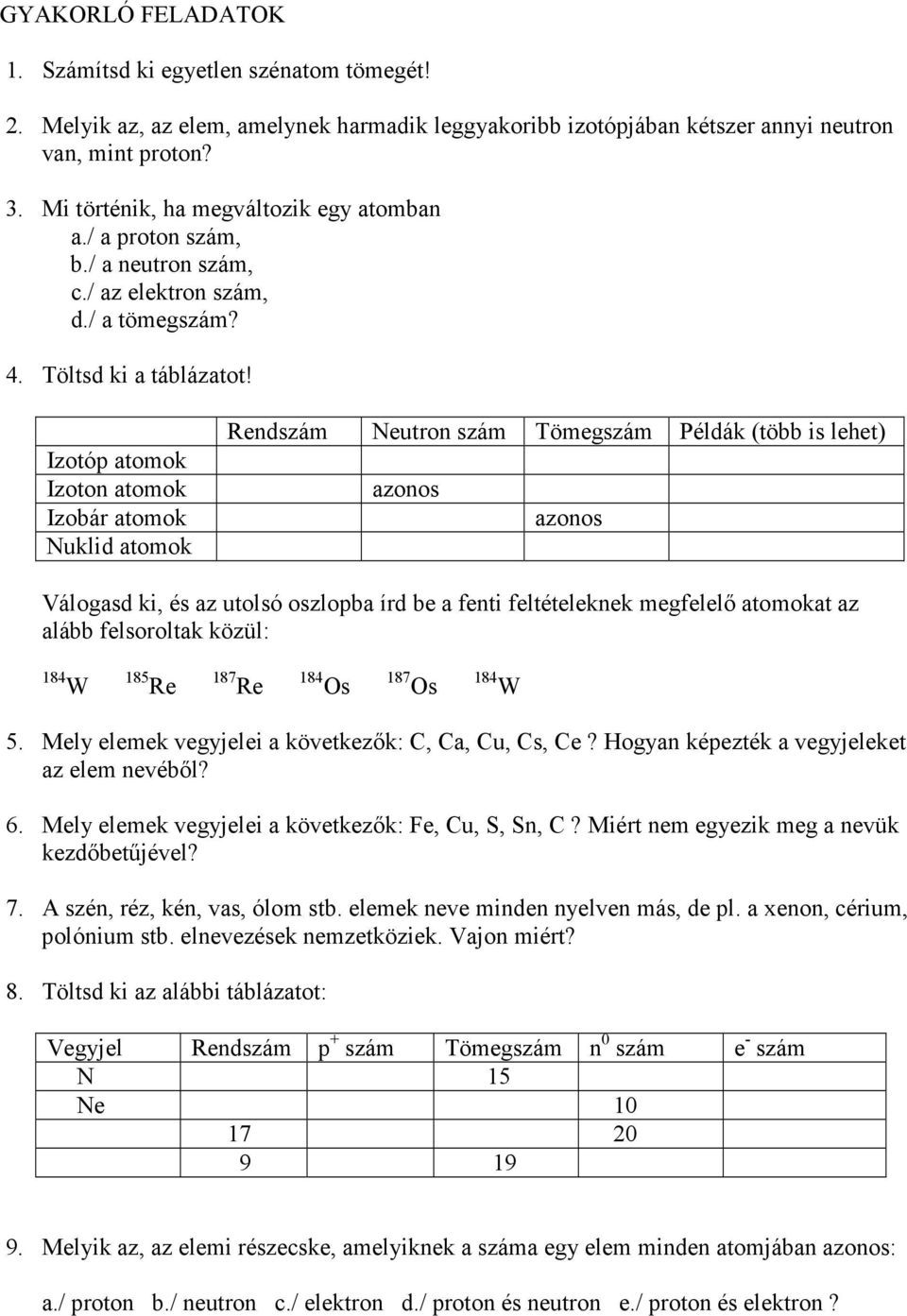 Izotóp atomok Izoton atomok Izobár atomok Nuklid atomok Rendszám Neutron szám Tömegszám Példák (több is lehet) azonos azonos Válogasd ki, és az utolsó oszlopba írd be a fenti feltételeknek megfelelő