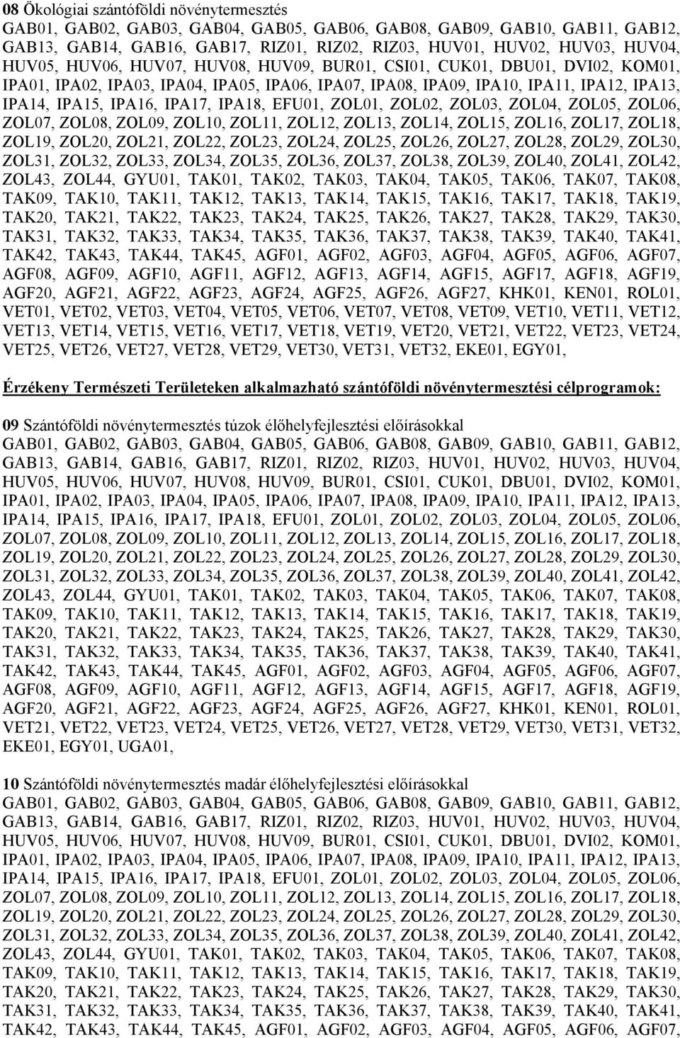 Területeken alkalmazható szántóföldi növénytermesztési célprogramok: 09 Szántóföldi növénytermesztés túzok élőhelyfejlesztési előírásokkal AGF08, AGF09, AGF10, AGF11, AGF12, AGF13, AGF14,