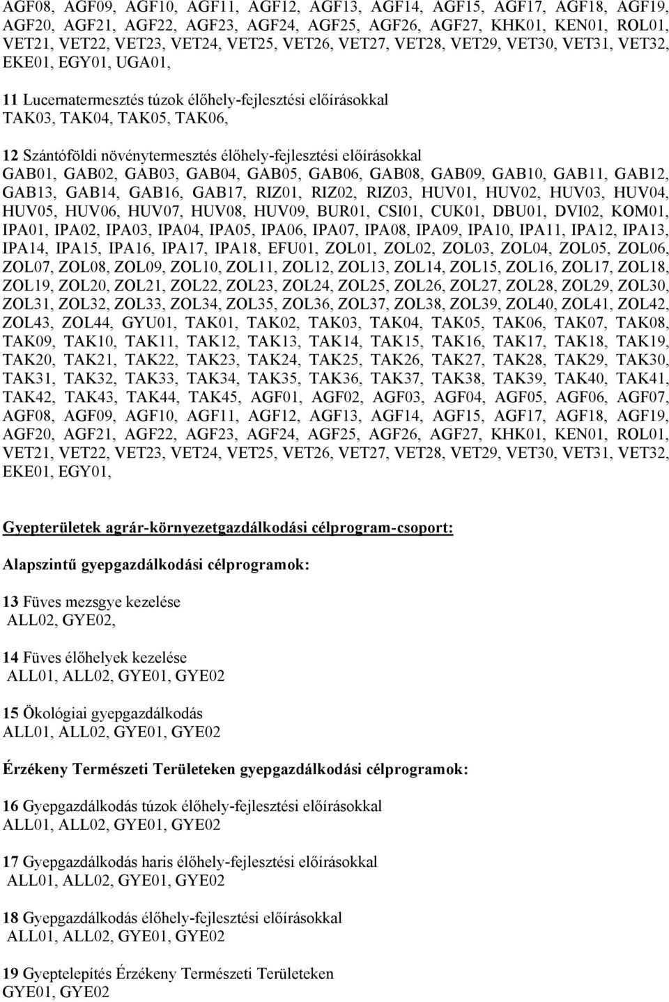 AGF15, AGF17, AGF18, AGF19, VET21, VET22, VET23, VET24, VET25, VET26, VET27, VET28, VET29, VET30, VET31, VET32, EKE01, EGY01, Gyepterületek agrár-környezetgazdálkodási célprogram-csoport: Alapszintű