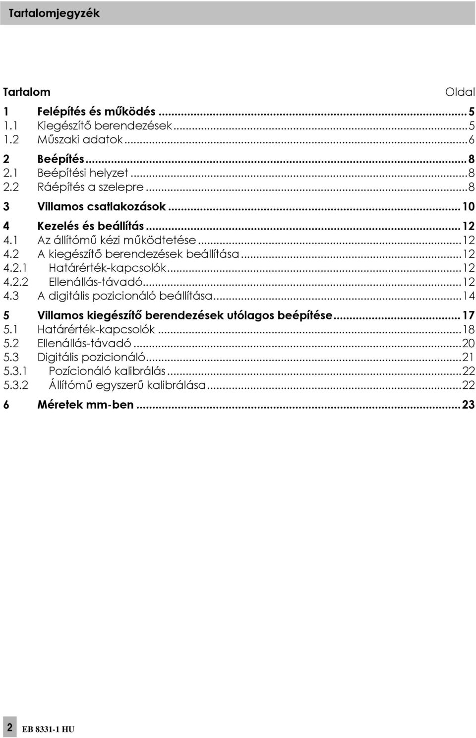 ..12 4.2.2 Ellenállás-távadó...12 4.3 A digitális pozicionáló beállítása...14 5 Villamos kiegészítő berendezések utólagos beépítése... 17 5.1 Határérték-kapcsolók...18 5.