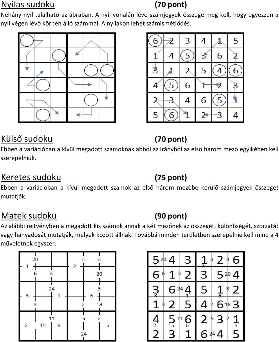 Külső sudoku Keretes sudoku Matek sudoku (70 pont) Ebben a variációban a kívül megadott számoknak abból az irányból az első három mező egyikében kell szerepelniük.