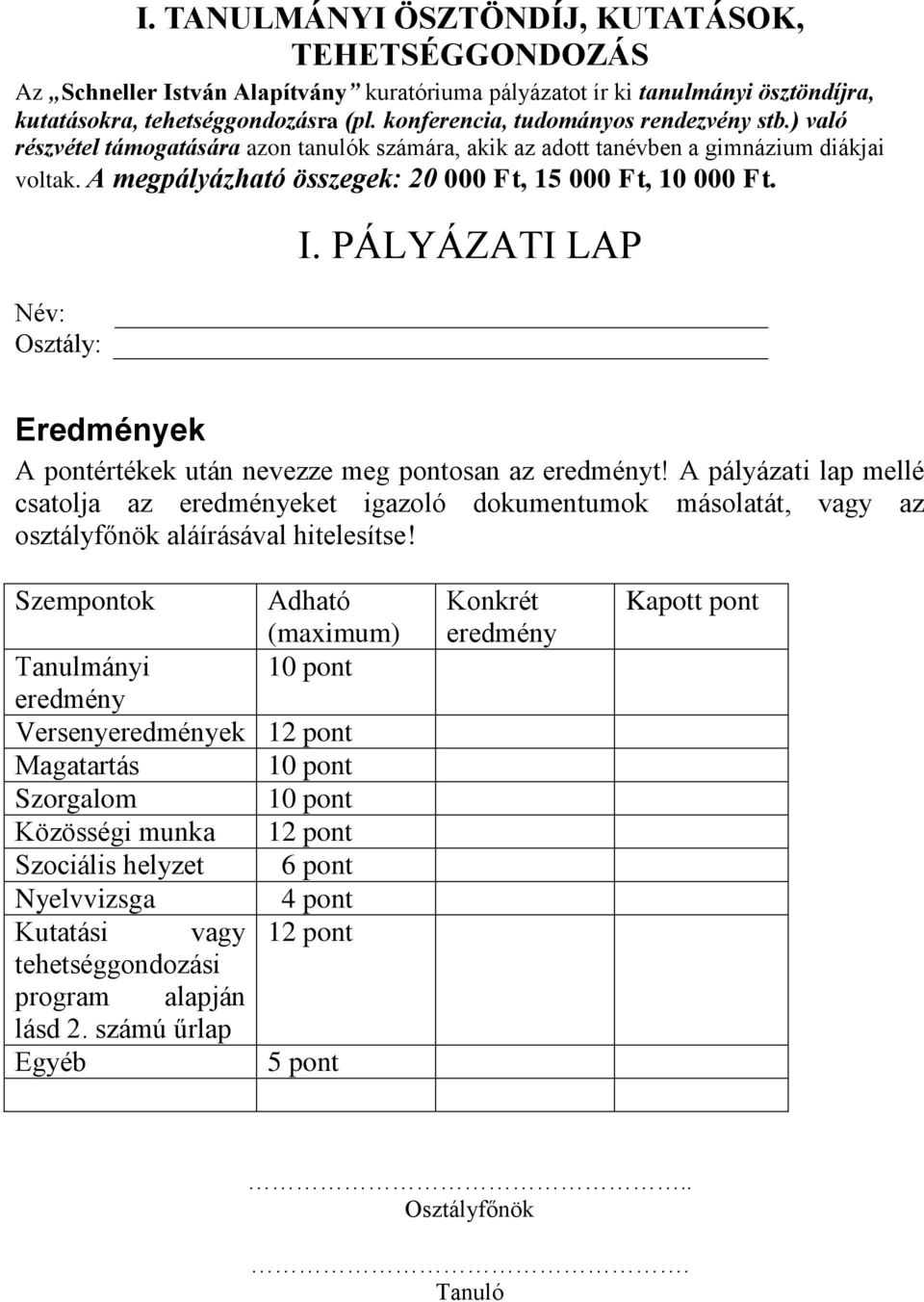 Név: Osztály: I. PÁLYÁZATI LAP Eredmények A pontértékek után nevezze meg pontosan az eredményt!