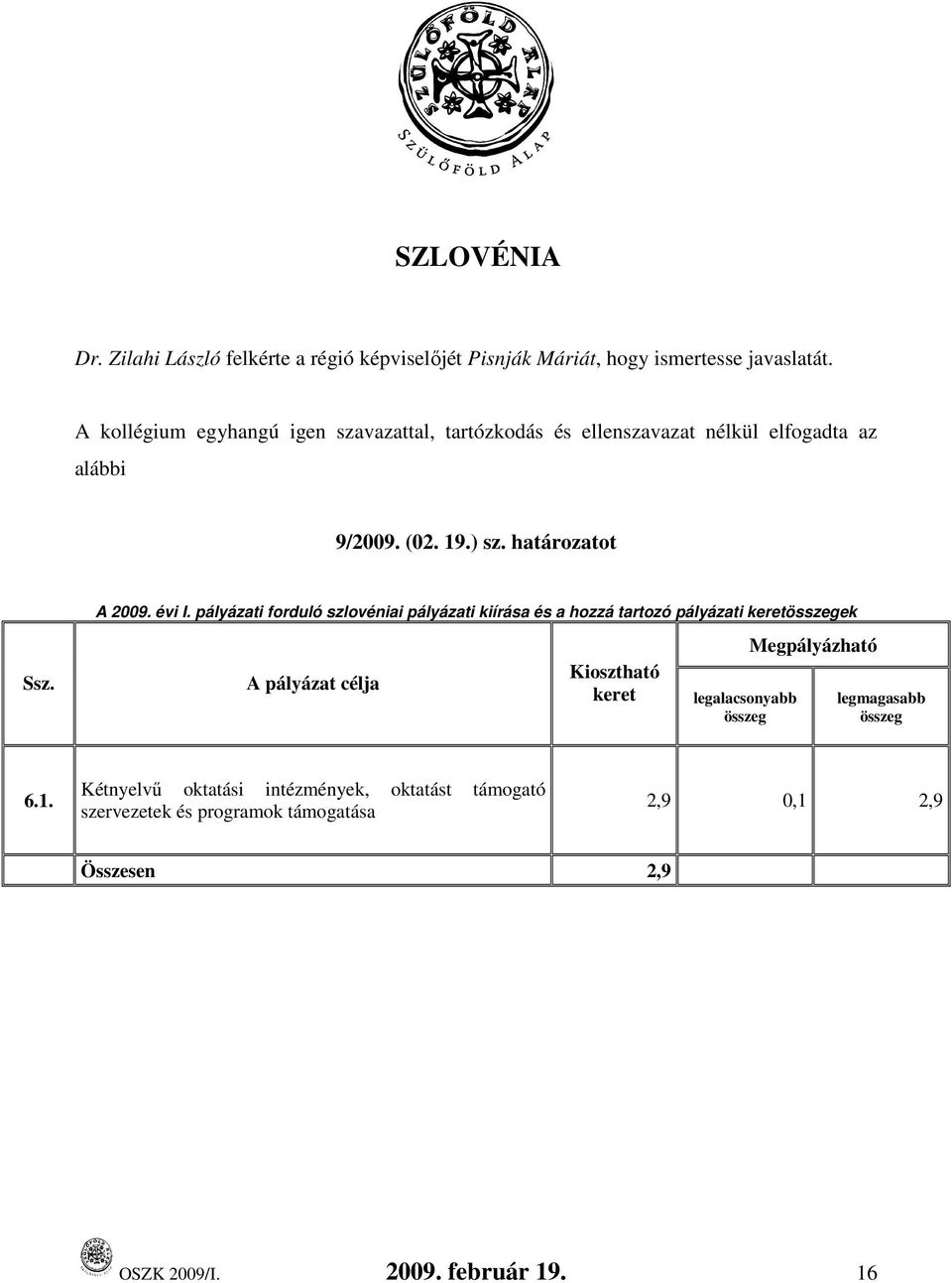 évi I. pályázati forduló szlovéniai pályázati kiírása és a hozzá tartozó pályázati keretek Ssz.