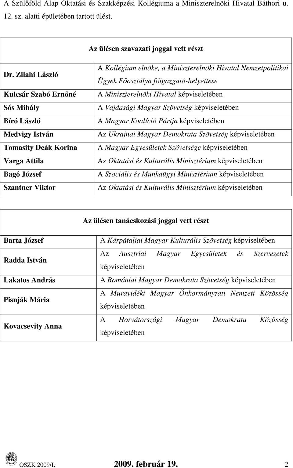 Ügyek Fıosztálya fıigazgató-helyettese A Miniszterelnöki Hivatal képviseletében A Vajdasági Magyar Szövetség képviseletében A Magyar Koalíció Pártja képviseletében Az Ukrajnai Magyar Demokrata