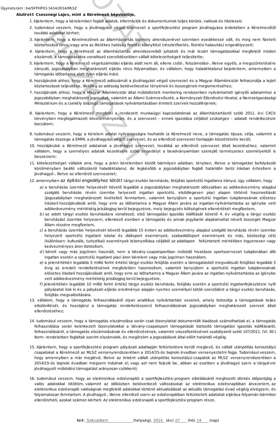 kijelentem, hogy a Kérelmezőnek az államháztartás bármely alrendszerével szemben esedékessé vált, és meg nem fizetett köztartozása nincs, vagy arra az illetékes hatóság fizetési könnyítést