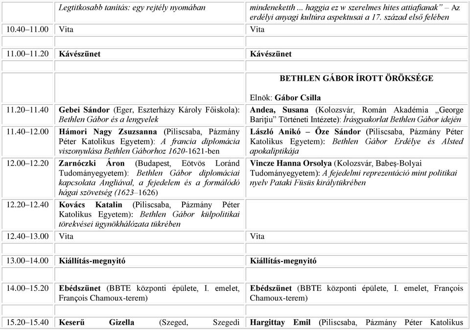 00 Hámori Nagy Zsuzsanna (Piliscsaba, Pázmány Péter Katolikus Egyetem): A francia diplomácia viszonyulása Bethlen Gáborhoz 1620-1621-ben 12.00 12.