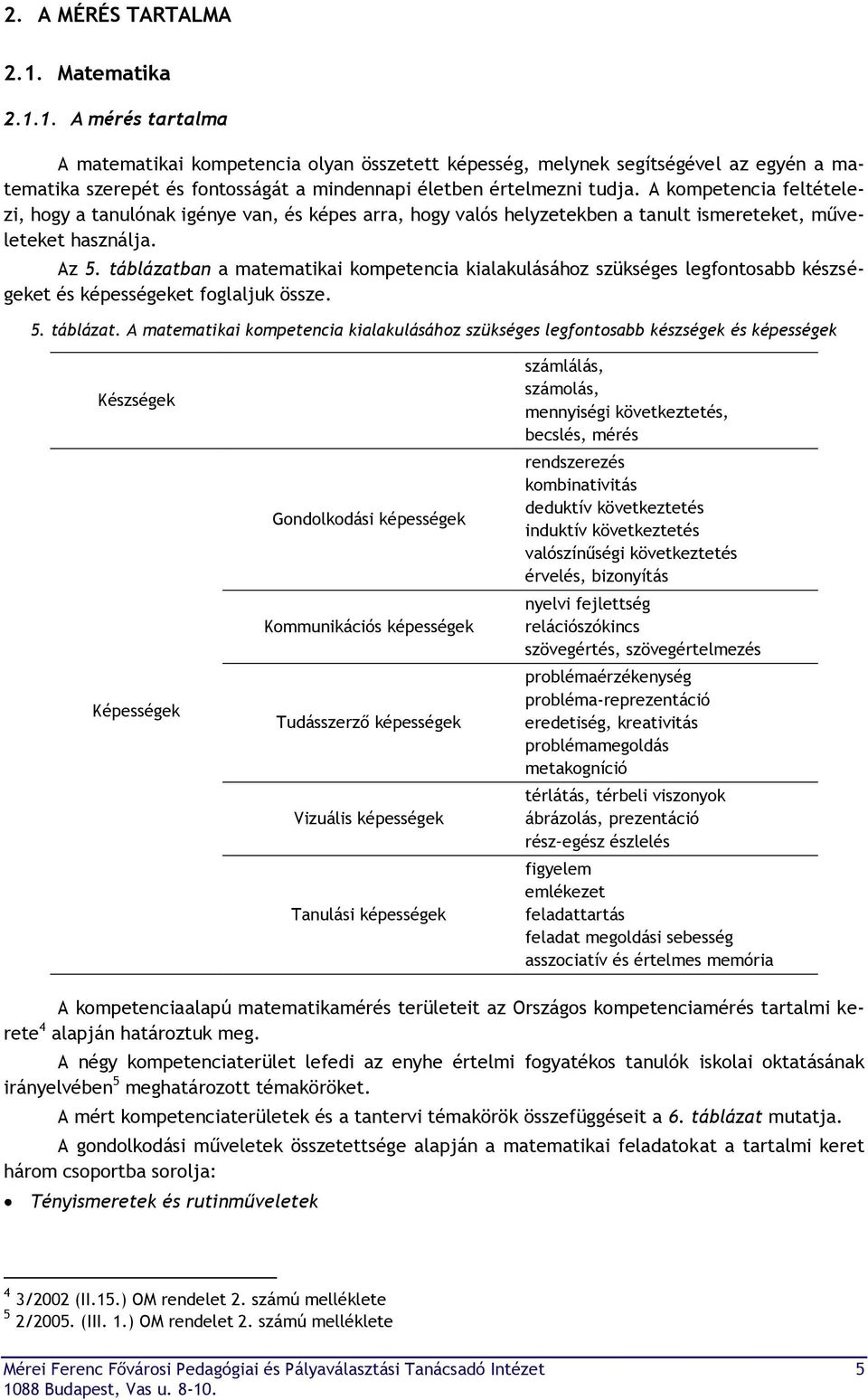 táblázatban a matematikai kompetencia kialakulásához szükséges legfontosabb készségeket és képességeket foglaljuk össze. 5. táblázat.