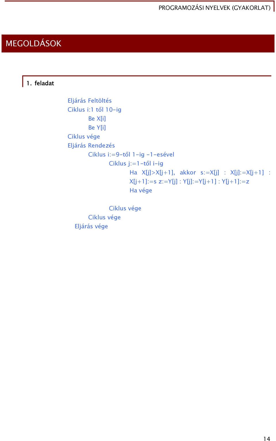 Y[i] Eljárás Rendezés Ciklus i:=9-től 1-ig -1-esével Ciklus