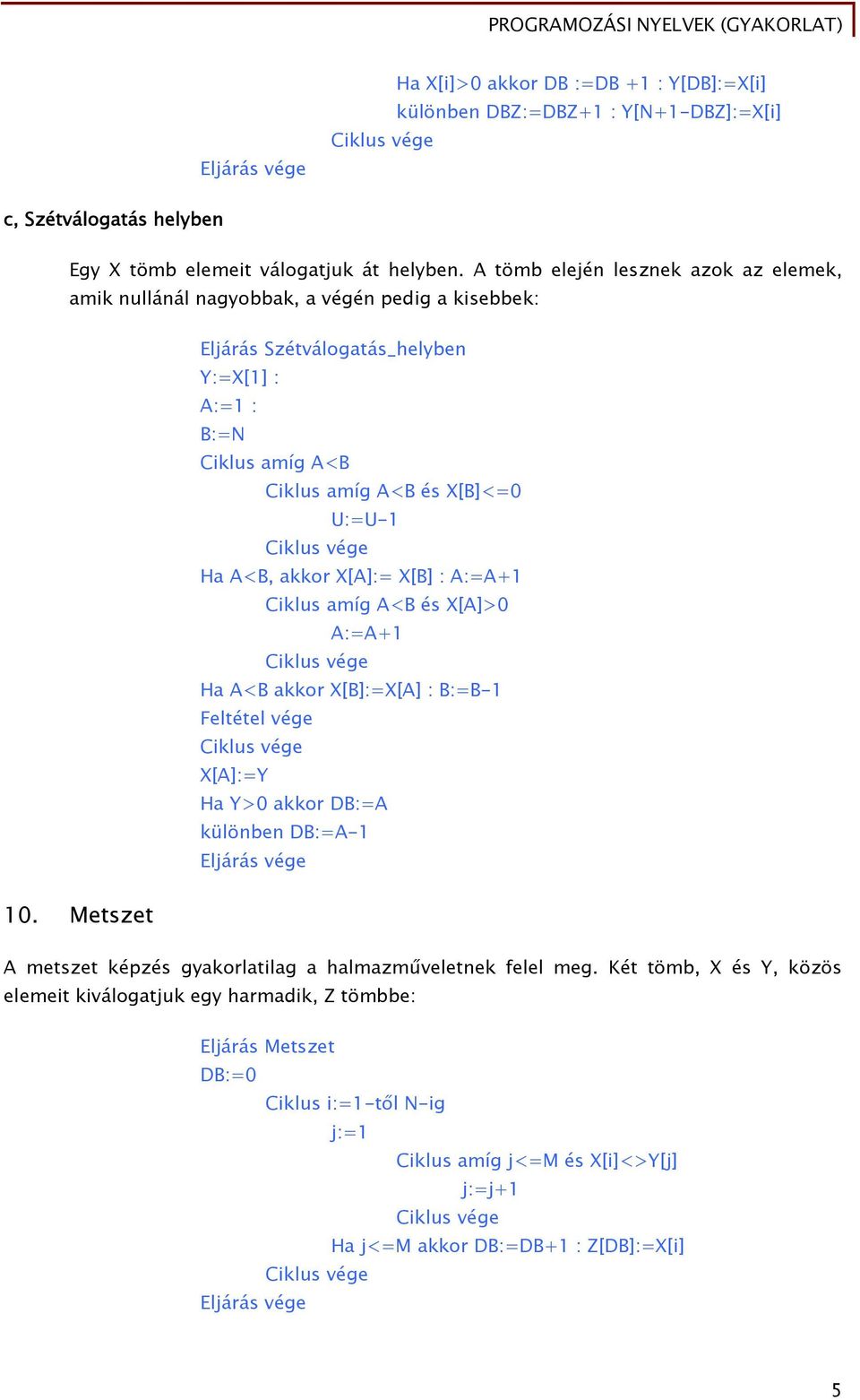 Ha A<B, akkor X[A]:= X[B] : A:=A+1 Ciklus amíg A<B és X[A]>0 A:=A+1 Ha A<B akkor X[B]:=X[A] : B:=B-1 Feltétel vége X[A]:=Y Ha Y>0 akkor DB:=A különben DB:=A-1 10.