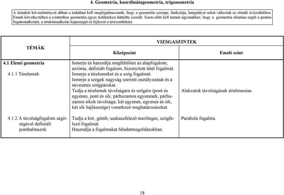 Szem előtt kell tartani ugyanakkor, hogy a geometria oktatása segíti a pontos fogalomalkotást, a struktúraalkotás képességét és fejleszti a térszemléletet. TÉMÁK 4.1 Elemi geometria 4.1.1 Térelemek 4.